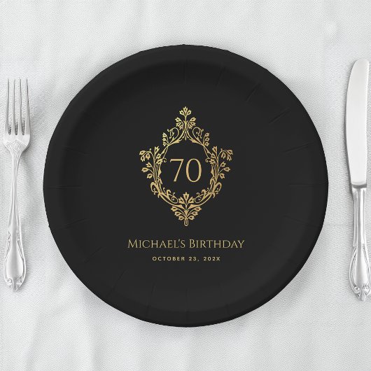  Crest Zwart Goud Elegant Man 70e Verjaardag Papieren Bordje