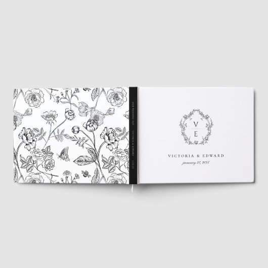 Crest Zwart Monogram Bruiloft Gastenboek (Volledig)