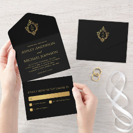 Crest Zwart Nepgoud Elegante Trouw Monogram All In One Uitnodiging