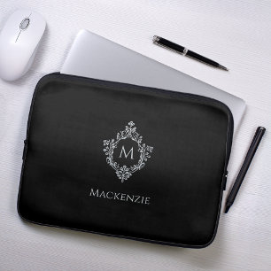 Crest Zwarte Grijze Monogram Naam Vintage Monochro Laptop Sleeve