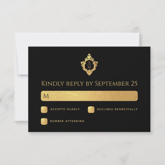 Crest Zwarte Nep Goud Elegante Trouw Monogram RSVP Kaartje (Voorkant)