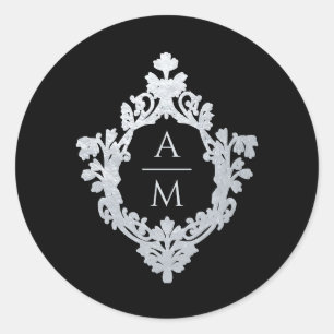 Crest Zwarte Nep Zilveren Vintage Trouw Monogram Ronde Sticker