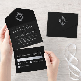 Crest Zwarte Vintage Trouw Monogram en RSVP All In One Uitnodiging