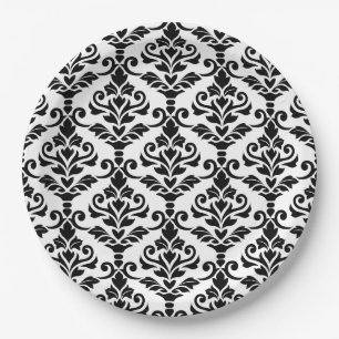 Cresta Damask Pattern Black op White Papieren Bordje