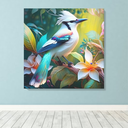 Crested Blauwgroen gevleugelde Jay Canvas Afdruk (Insitu (Houten vloer))