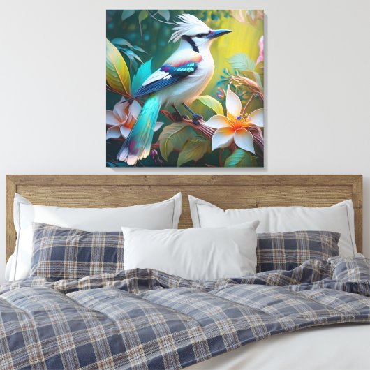 Crested Blauwgroen gevleugelde Jay Canvas Afdruk (Insitu (Slaapkamer))