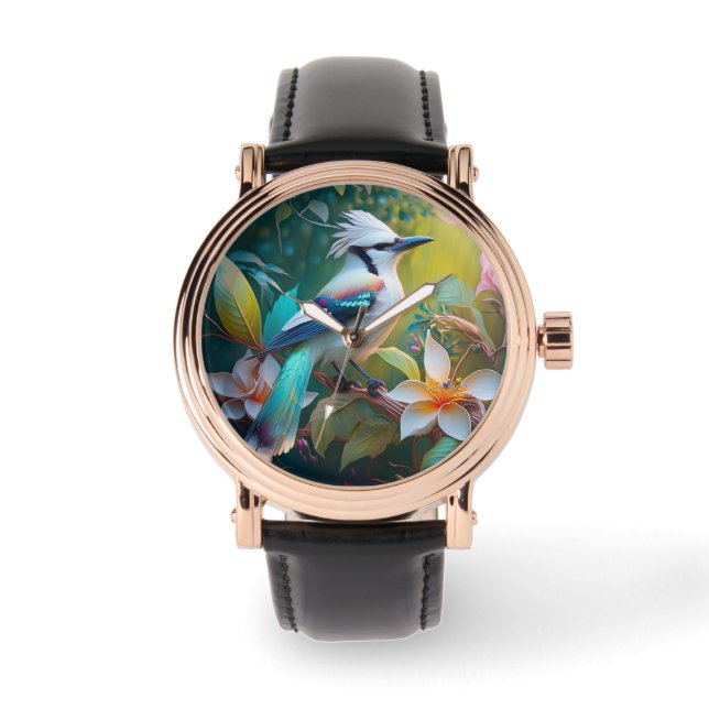 Crested Blauwgroen gevleugelde Jay Horloge (Voorkant)