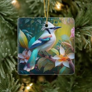 Crested Blauwgroen gevleugelde Jay Keramisch Ornament