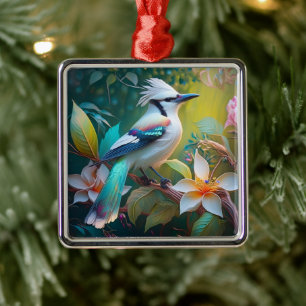 Crested Blauwgroen gevleugelde Jay Metalen Ornament