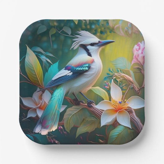 Crested Blauwgroen gevleugelde Jay Papieren Bordje (Voorkant)