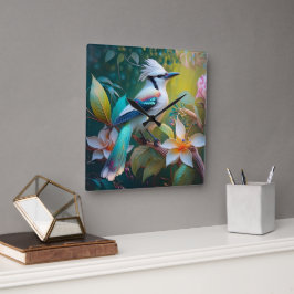 Crested Blauwgroen gevleugelde Jay Vierkante Klok