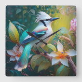 Crested Blauwgroen gevleugelde Jay Vierkante Klok (Voorkant)