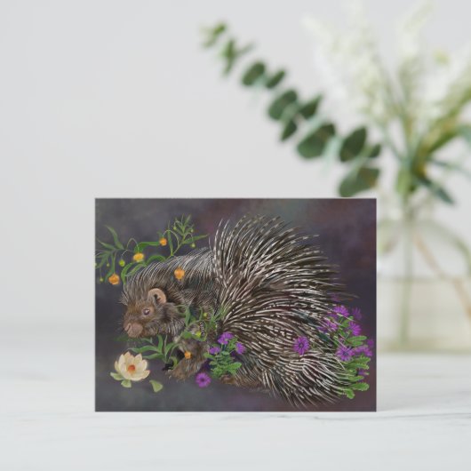 Crested Porcupine Bouquet Natuur Art Briefkaart (Staand voorkant)