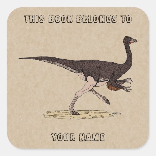 Cretacous Dinosaur Ornithomimus Bookplaat Vierkante Sticker (Voorkant)