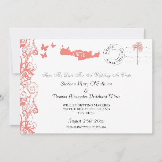Crete Save The Date In Koraalroze En Wit Kaart (Voorkant)