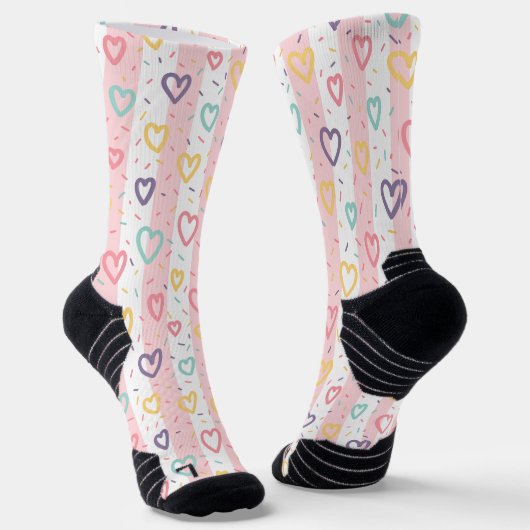Crew Socks Pink & White Stripe Colorful Hearts Sokken (Gebogen)