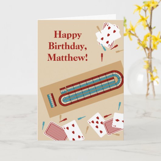 Cribbage spel thema aangepaste bericht verjaardag kaart (Gele Bloem)