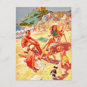 Criccieth strand, Wales, familie, vakantie, vintag Briefkaart