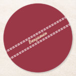 Cricket Ball Stitching Seam Personalised Cricketer Ronde Kartonnen Onderzetter<br><div class="desc">Stylish burgundy/red cricket-themed coaster printed with cricket ball stitches (seam) and your name. Ideal personalised gift for cricketers,  umpires and cricket fans alike.</div>