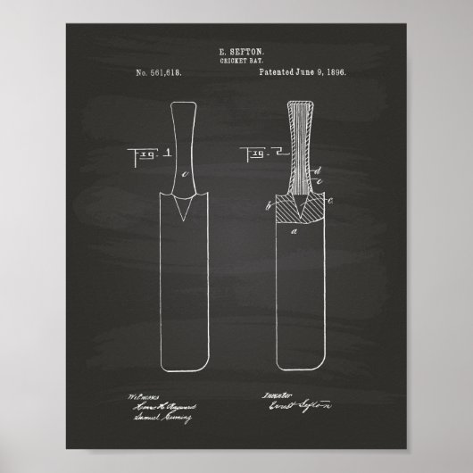 Cricket Bat 1886 Patent Art Chalkboard Poster (Voorkant)