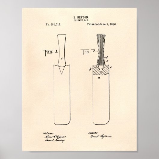 Cricket Bat 1886 Patent Art Old Peper Poster (Voorkant)