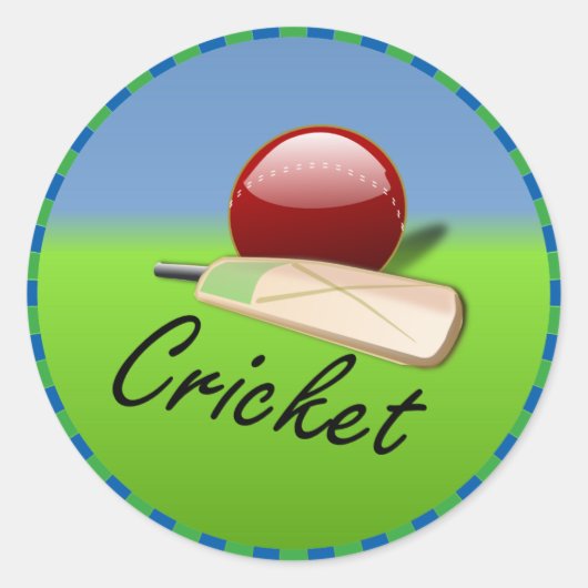 Cricket - bat en bal op grijze horizon, omlijst ronde sticker (Voorkant)