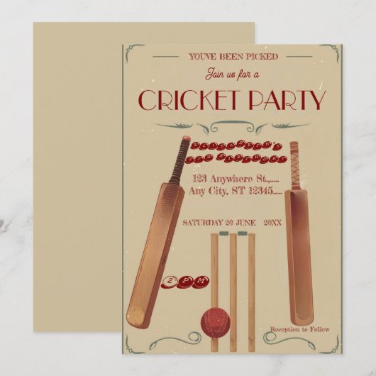 Cricket Birthday Party Sports Invitation Kaart (Voorkant / Achterkant)