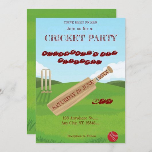 Cricket Birthday Party Sports Invitation Kaart (Voorkant / Achterkant)
