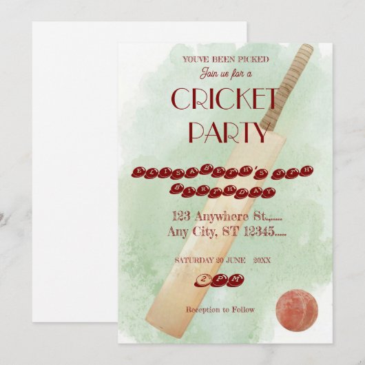 Cricket Birthday Party Sports Invitation Kaart (Voorkant / Achterkant)