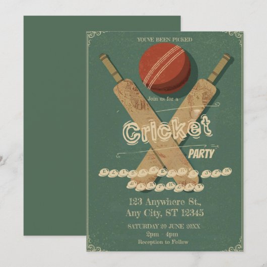 Cricket Birthday Party Sports Invitation Kaart (Voorkant / Achterkant)