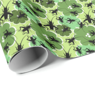 Cricket Floral Pattern Green + Black Cadeaupapier