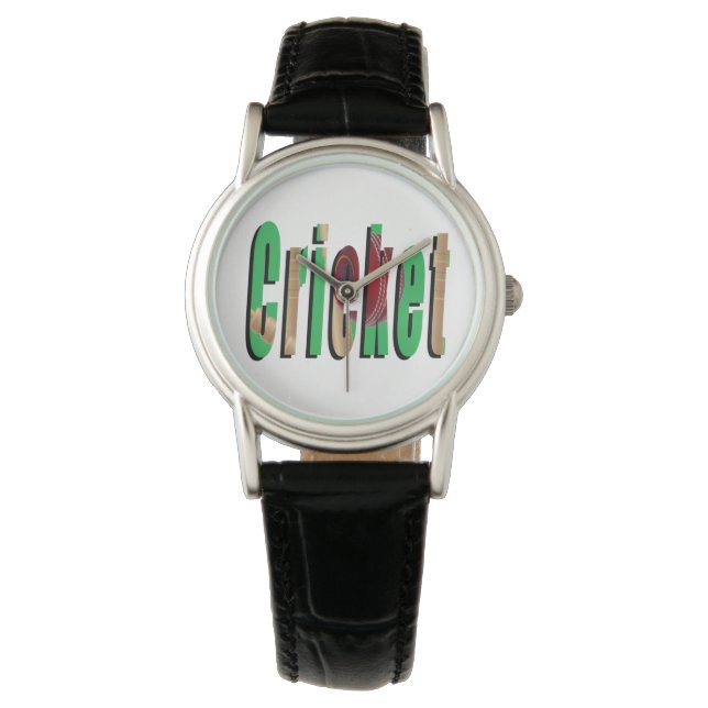 Cricket Game Logo, Dames zwarte leder Horloge (Voorkant)