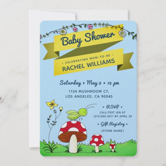 Cricket Garden Glitter Thema Blauw Baby shower Kaa Kaart (Voorkant)