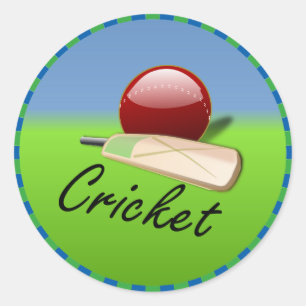 Cricket - knuppel en bal op grijze horizon, omgeve ronde sticker