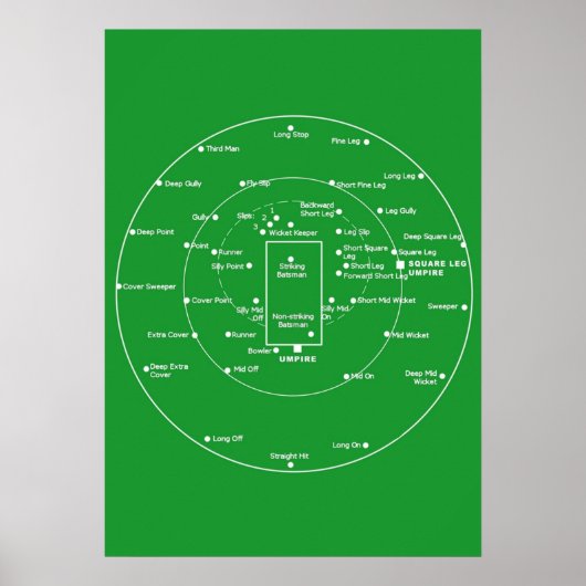 CRICKET PITCH POSITIES Fielding Positions Diagram Poster (Voorkant)