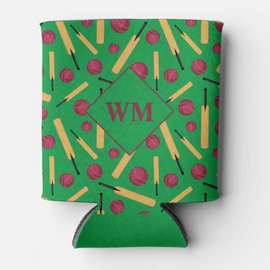 Cricket Player Bats and Balls Pattern Monogram Blikjeskoeler (Voorkant)