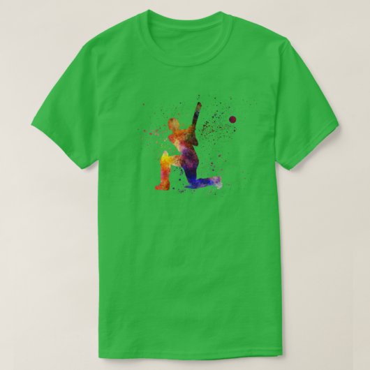 Cricket player batsman silhouette in waterverf6 t-shirt (Design voorkant)