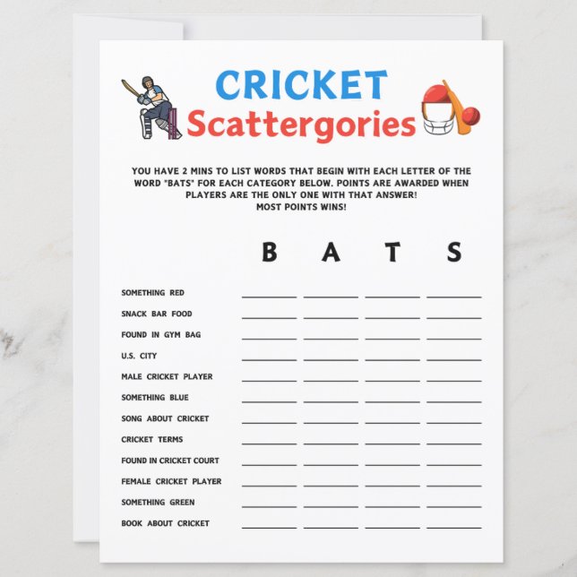 Cricket Scattergories spel (Voorkant)