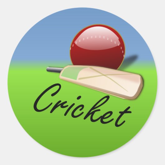 Cricket - slaghout en bal op grazige horizon ronde sticker (Voorkant)