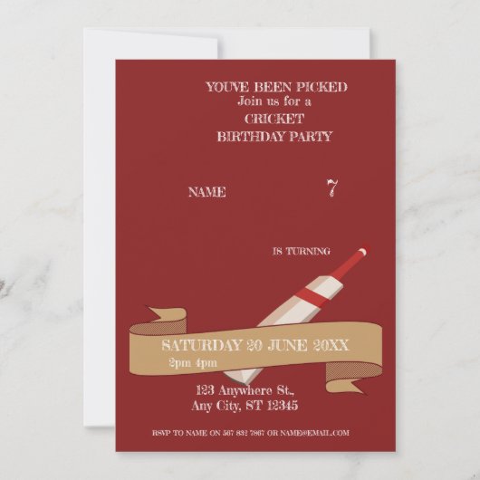 Cricket verjaardagsfeest sportuitnodiging kaart (Voorkant)