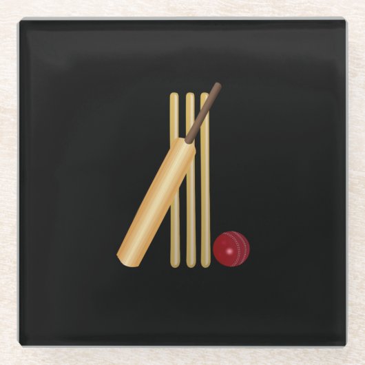 Cricket - Wicket, Bat en Bal Glazen Onderzetter (Voorkant)