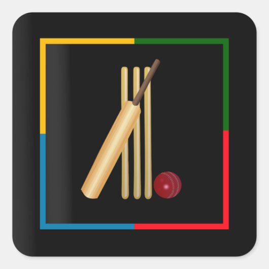 Cricket, wicket, bat en bal kleurrijk ontwerp vierkante sticker (Voorkant)