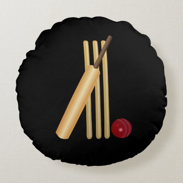 Cricket - Wicket, Bat en Bal Rond Kussen (Voorkant)