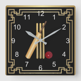 Cricket, wicket, bat en ball met gouden lijst vierkante klok
