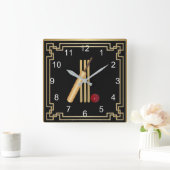 Cricket, wicket, bat en ball met gouden lijst vierkante klok (Huis)