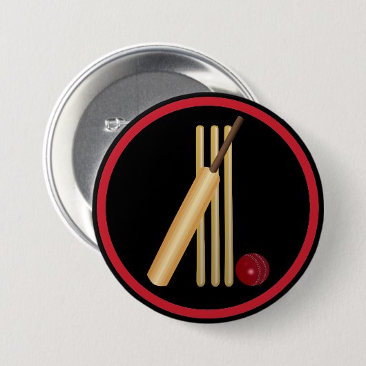 Cricket, wicket, bat en ball ronde button 7,6 cm (Voorkant /achterkant)