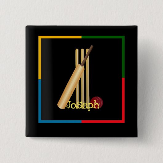 Cricket, wicket, bat en ball, Sjabloon Vierkante Button 5,1 Cm (Voorkant)