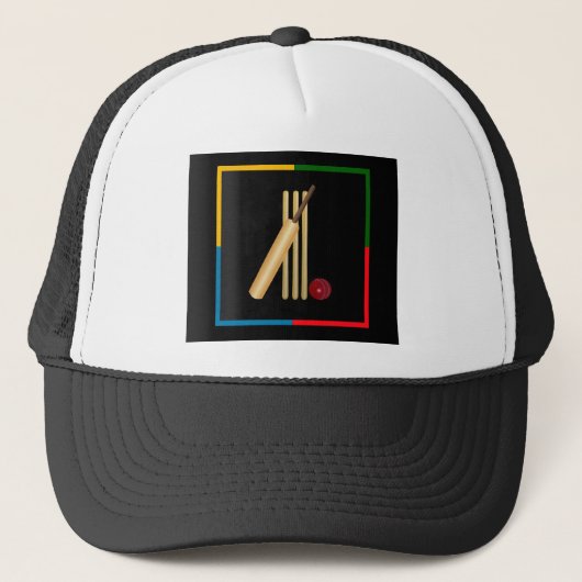 Cricket, wicket, slaghout en bal, trucker pet (Voorkant)