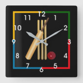 Cricket, wicket, slaghout en bal,  vierkante klok (Voorkant)