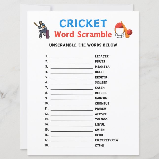 Cricket Word Scramble spel (Voorkant)